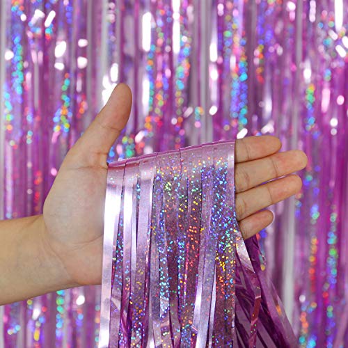 Foil Fringe Curtains Party Decorations - Melsan 3 Pack 3.2 x 8.2 ft Tinsel Curtain Party Photo Backdrop for Birthday Party Baby Shower or Graduation Decorations Pinkish Purple