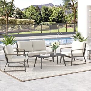 Outsunny 4 Piece Patio Furniture Set, Aluminum Conversation Set, Outdoor Garden Sofa Set with Armchairs, Loveseat, Center Coffee Table and Cushions, Cream White