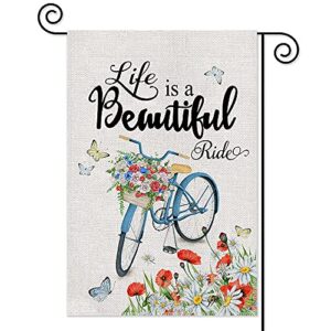 agmdesign life is a beautiful ride garden flag, bicycle ride decorative spring summer floral garden flag, double sided waterproof burlap yard flag seasonal summer outdoor decoration 12.5 x 18 inch
