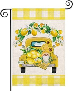 yameeta hello summer lemon garden flag 12.5×18 inch buffalo yellow truck with lemons gnome sunflower floral farmhouse decoration double sided burlap yard lawn outdoor banner flag