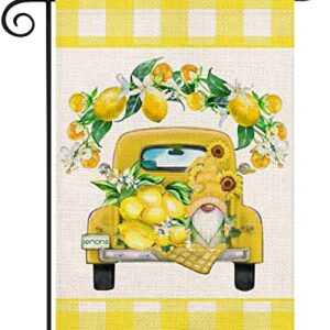 Yameeta Hello Summer Lemon Garden Flag 12.5x18 Inch Buffalo Yellow Truck with Lemons Gnome Sunflower Floral Farmhouse Decoration Double Sided Burlap Yard Lawn Outdoor Banner Flag