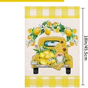 Yameeta Hello Summer Lemon Garden Flag 12.5x18 Inch Buffalo Yellow Truck with Lemons Gnome Sunflower Floral Farmhouse Decoration Double Sided Burlap Yard Lawn Outdoor Banner Flag