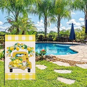 Yameeta Hello Summer Lemon Garden Flag 12.5x18 Inch Buffalo Yellow Truck with Lemons Gnome Sunflower Floral Farmhouse Decoration Double Sided Burlap Yard Lawn Outdoor Banner Flag