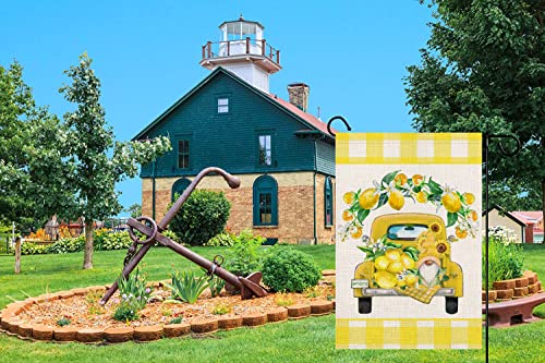 Yameeta Hello Summer Lemon Garden Flag 12.5x18 Inch Buffalo Yellow Truck with Lemons Gnome Sunflower Floral Farmhouse Decoration Double Sided Burlap Yard Lawn Outdoor Banner Flag