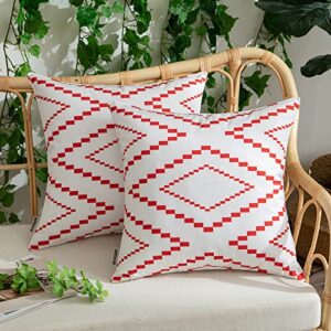 woaboy pack of 2 lucky outdoor waterproof throw pillow covers decorative rhombus rectangle pattern print pillowcases modern geometric solid cushion sham for patio garden sofa couch 18×18 inch red
