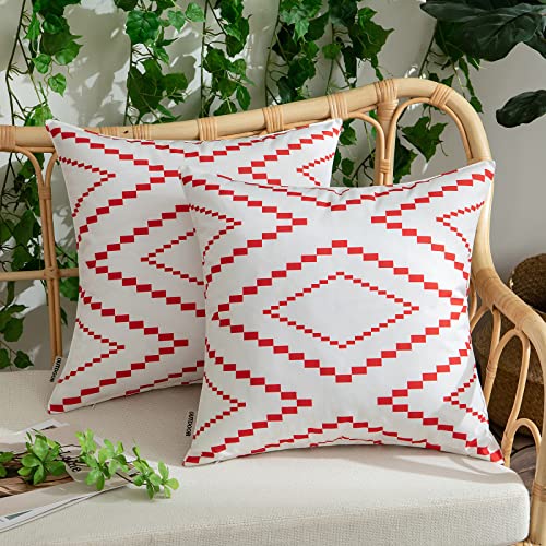 Woaboy Pack of 2 Lucky Outdoor Waterproof Throw Pillow Covers Decorative Rhombus Rectangle Pattern Print Pillowcases Modern Geometric Solid Cushion Sham for Patio Garden Sofa Couch 18x18 Inch red