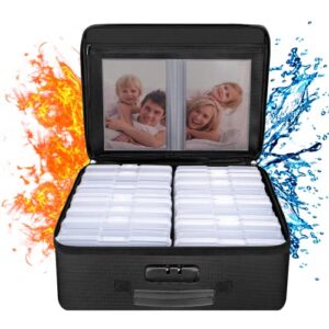 engpow fireproof photo storage box with 16 inner 4″ x 6″ photo case(clear), photo box organizer with lock,collapsible portable photo storage containers with handle for photos,picture,valuables