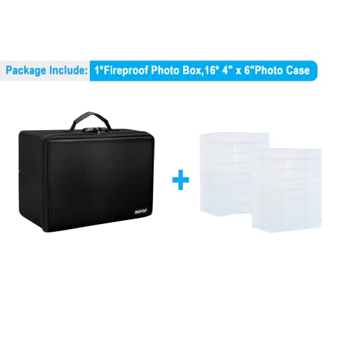 ENGPOW Fireproof Photo Storage Box with 16 Inner 4" x 6" Photo Case(Clear), Photo Box Organizer with Lock,Collapsible Portable Photo Storage Containers with Handle for Photos,Picture,Valuables