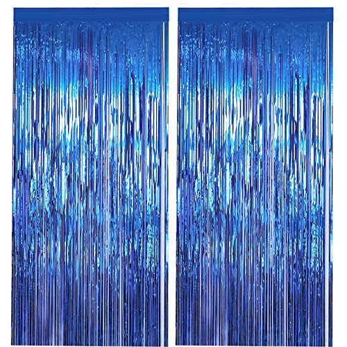 HARXING 2 Pack Metallic Shiny Tinsel Foil Fringe Curtains 3ft x 8ft Backdrop Photo Booth Props for Bridal Bachelorette Holiday Celebration Party Decorations, blue