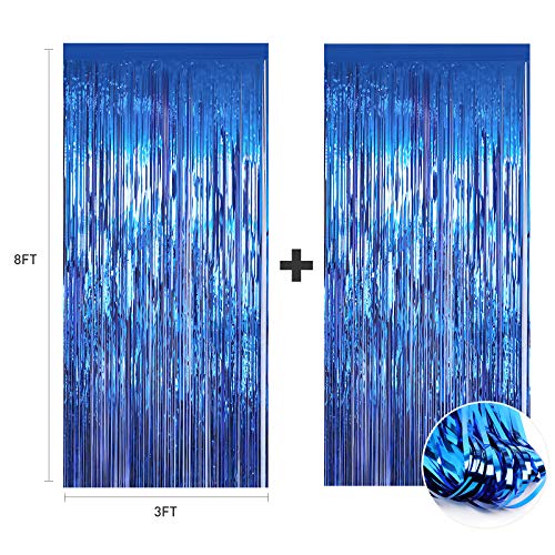 HARXING 2 Pack Metallic Shiny Tinsel Foil Fringe Curtains 3ft x 8ft Backdrop Photo Booth Props for Bridal Bachelorette Holiday Celebration Party Decorations, blue