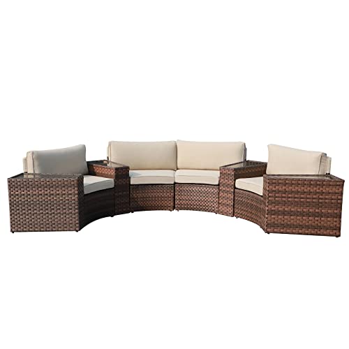 SUNSITT Outdoor Patio Furniture 8-Piece Half-Moon Curved Sofa Set Brown PE Wicker Sectional Conversation Set with Cushions(Beige)