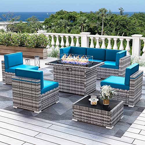 LayinSun 8 Piece Patio Furniture Set with Fire Pit Table, Outdoor Conversation Sets Wicker Rattan Sectional Sofa with Coffee Table