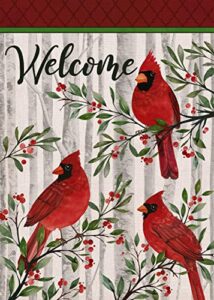 dyrenson welcome winter cardinals red birds berries decorative garden flag, snowy forest farmhouse yard outside decorations outdoor small decor 12×18