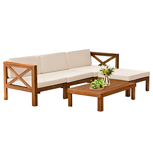 5-Piece Acacia Wood Outdoor Sofa Set Patio Bistro Set Furniture Outdoor Chat Conversation Table Chair Set with Water Resistant Cushions and Coffee Table for Beach Backyard Garden