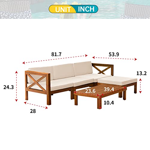 5-Piece Acacia Wood Outdoor Sofa Set Patio Bistro Set Furniture Outdoor Chat Conversation Table Chair Set with Water Resistant Cushions and Coffee Table for Beach Backyard Garden