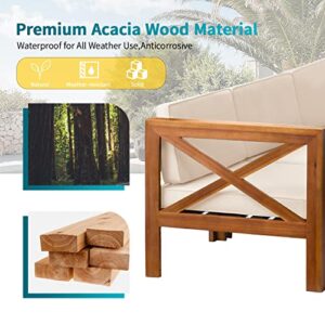 5-Piece Acacia Wood Outdoor Sofa Set Patio Bistro Set Furniture Outdoor Chat Conversation Table Chair Set with Water Resistant Cushions and Coffee Table for Beach Backyard Garden