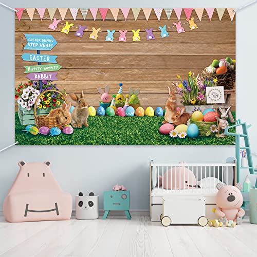 Easter Spring Backdrop Rabbit Road Sign Wooden Wall Photography Background Flowers Grass Easter Props for Photography Flag Bunny Eggs Banner Photo Booth Props Easter Party Decoration, 70.8 x 43.3 Inch