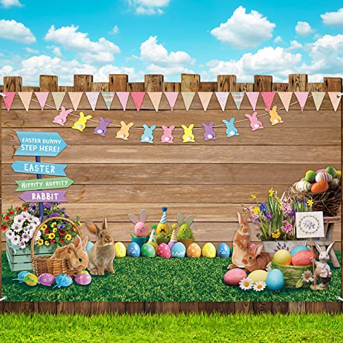 Easter Spring Backdrop Rabbit Road Sign Wooden Wall Photography Background Flowers Grass Easter Props for Photography Flag Bunny Eggs Banner Photo Booth Props Easter Party Decoration, 70.8 x 43.3 Inch