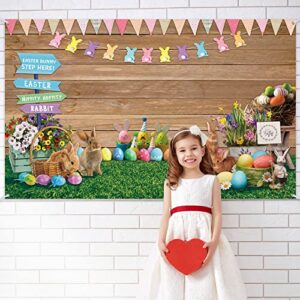 Easter Spring Backdrop Rabbit Road Sign Wooden Wall Photography Background Flowers Grass Easter Props for Photography Flag Bunny Eggs Banner Photo Booth Props Easter Party Decoration, 70.8 x 43.3 Inch