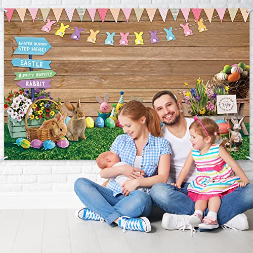 Easter Spring Backdrop Rabbit Road Sign Wooden Wall Photography Background Flowers Grass Easter Props for Photography Flag Bunny Eggs Banner Photo Booth Props Easter Party Decoration, 70.8 x 43.3 Inch