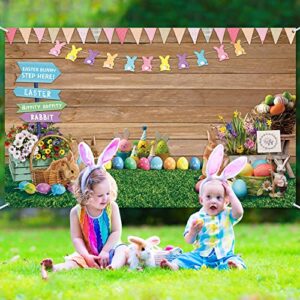 Easter Spring Backdrop Rabbit Road Sign Wooden Wall Photography Background Flowers Grass Easter Props for Photography Flag Bunny Eggs Banner Photo Booth Props Easter Party Decoration, 70.8 x 43.3 Inch