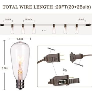 Pallerina Outdoor Edison String Lights 20Ft with 22 Edison Bulbs, Vintage Bistro Lights ST40 Patio String Lights for Garden Backyard Party Wedding Umbrella, E17 Base 7 Watt Bulbs- Brown Wire