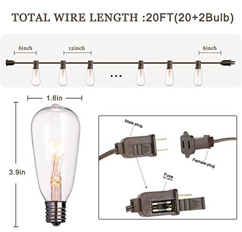 Pallerina Outdoor Edison String Lights 20Ft with 22 Edison Bulbs, Vintage Bistro Lights ST40 Patio String Lights for Garden Backyard Party Wedding Umbrella, E17 Base 7 Watt Bulbs- Brown Wire