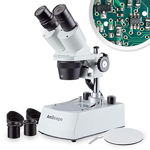 AmScope SE306R-P-LED Forward-Mounted Binocular Stereo Microscope, WF10x Eyepieces, 20X and 40X Magnification, 2X and 4X Objectives, Upper and Lower LED Lighting, Reversible Black/White Stage Plate, Pillar Stand, 120V or Battery-Powered