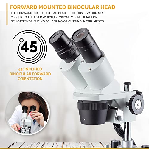 AmScope SE306R-P-LED Forward-Mounted Binocular Stereo Microscope, WF10x Eyepieces, 20X and 40X Magnification, 2X and 4X Objectives, Upper and Lower LED Lighting, Reversible Black/White Stage Plate, Pillar Stand, 120V or Battery-Powered