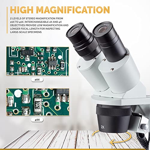 AmScope SE306R-P-LED Forward-Mounted Binocular Stereo Microscope, WF10x Eyepieces, 20X and 40X Magnification, 2X and 4X Objectives, Upper and Lower LED Lighting, Reversible Black/White Stage Plate, Pillar Stand, 120V or Battery-Powered