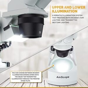 AmScope SE306R-P-LED Forward-Mounted Binocular Stereo Microscope, WF10x Eyepieces, 20X and 40X Magnification, 2X and 4X Objectives, Upper and Lower LED Lighting, Reversible Black/White Stage Plate, Pillar Stand, 120V or Battery-Powered