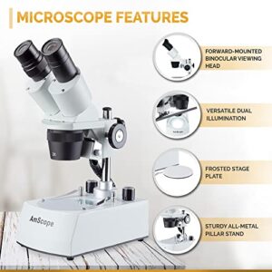 AmScope SE306R-P-LED Forward-Mounted Binocular Stereo Microscope, WF10x Eyepieces, 20X and 40X Magnification, 2X and 4X Objectives, Upper and Lower LED Lighting, Reversible Black/White Stage Plate, Pillar Stand, 120V or Battery-Powered