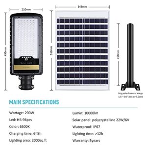 200W Solar Street Lights Outdoor Lamp, 10000lm Dusk to Dawn IP67 Security Led Flood Light with Remote Control Mounting Pole and Bracket Garden, Street, Court, Parking Lot