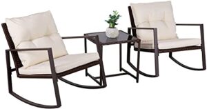 suncrown 3-piece outdoor rocking bistro set brown wicker patio furniture conversation sets with glass coffee table (beige cushion)