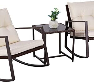 SUNCROWN 3-Piece Outdoor Rocking Bistro Set Brown Wicker Patio Furniture Conversation Sets with Glass Coffee Table (Beige Cushion)