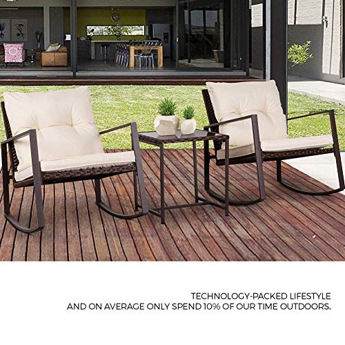 SUNCROWN 3-Piece Outdoor Rocking Bistro Set Brown Wicker Patio Furniture Conversation Sets with Glass Coffee Table (Beige Cushion)