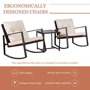 SUNCROWN 3-Piece Outdoor Rocking Bistro Set Brown Wicker Patio Furniture Conversation Sets with Glass Coffee Table (Beige Cushion)