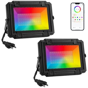yeluft led rgb flood lights outdoor, 500w equivalent floodlights with app control bluetooth color changing landscape lights rgbcw ip68 waterproof uplights for garden wedding patio party (2 pack)