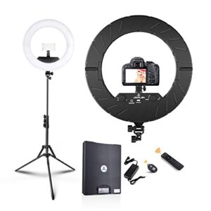 jj jianjin ring light kit:18inch outer 11.8inch inner 55w6700k dimmable led light , tripod stand, remote controller,box for camera,smartphone,youtube,tiktok,self-portrait shooting,cri90,black