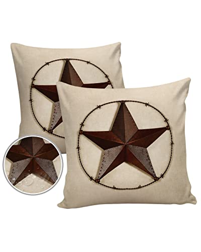 Vandarllin Outdoor Throw Pillows Covers 18X18 Set of 2 Waterproof Texas Lone Star Metal Art Decorative Zippered Cushion Covers for Patio Furniture, Rustic Lumbar Pillowcases