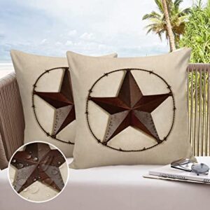 Vandarllin Outdoor Throw Pillows Covers 18X18 Set of 2 Waterproof Texas Lone Star Metal Art Decorative Zippered Cushion Covers for Patio Furniture, Rustic Lumbar Pillowcases