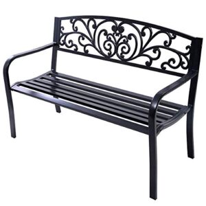 reuniong 50″ patio garden bench loveseats park yard furniture vintage floral garden cast iron patio porch chair (black steel w/floral scroll pattern)