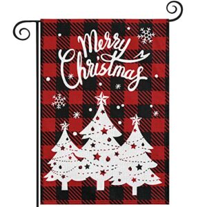 hogardeck merry christmas garden flag, buffalo plaid check tree burlap christmas decorations, vertical double sided winter decor, bell & star outdoor indoor yard flag 12.5×18 inch