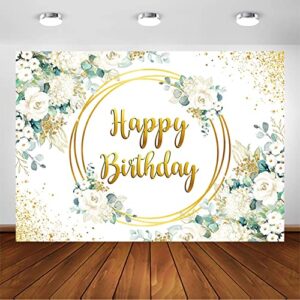 avezano greenery happy birthday backdrop for girl women green and gold eucalyptus green leaves white rose flower birthday party decorations background photoshoot photobooth (7x5ft)