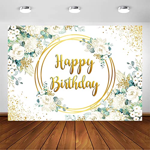 Avezano Greenery Happy Birthday Backdrop for Girl Women Green and Gold Eucalyptus Green Leaves White Rose Flower Birthday Party Decorations Background Photoshoot Photobooth (7x5ft)