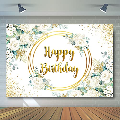 Avezano Greenery Happy Birthday Backdrop for Girl Women Green and Gold Eucalyptus Green Leaves White Rose Flower Birthday Party Decorations Background Photoshoot Photobooth (7x5ft)