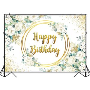 Avezano Greenery Happy Birthday Backdrop for Girl Women Green and Gold Eucalyptus Green Leaves White Rose Flower Birthday Party Decorations Background Photoshoot Photobooth (7x5ft)