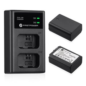 firstpower np-fw50 battery 2-pack and usb dual charger compatible with sony a6000 a6300 a6400 a6500 a7 a7ii a7rii a7sii a7s a7s2 a7r a7r2 a5100 a5000 rx10 rx10ii iii cameras