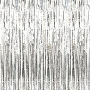 GOER 3.2 ft x 9.8 ft Metallic Tinsel Foil Fringe Curtains Party Photo Backdrop Party Streamers for Birthday,Graduation,New Year Eve Decorations Wedding Decor (Silver,1 Pack)