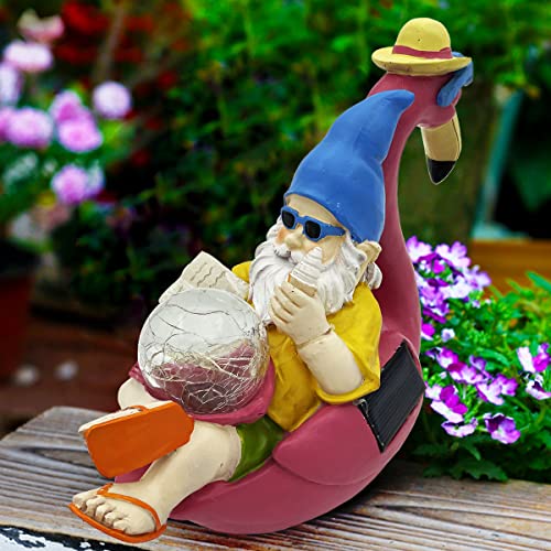 PERFECTOP Garden Gnome on Flamingo Statue with Solar Light, Funny Vacation Gnome Reclining on Flamingo Figurine, Adorable Hawaii Tropical Christmas Decoration Outdoor Patio Yard Lawn Beach Party Decor